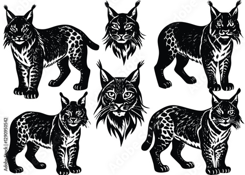 Eurasian lynx Silhouette set black Vector design, Eurasian lynx Illustration Vector animal set Design for Printing and Craft Projects.