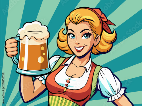 Girl waitress carries beer glass. Oktoberfest celebration. Vector illustration in pop art comic style