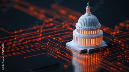 Miniature Capitol Building with Circuit Patterns on Dark Background