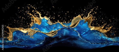 Vivid splash of blue powder and glimmering gold water create a striking visual against a black background with dynamic waves and droplets.