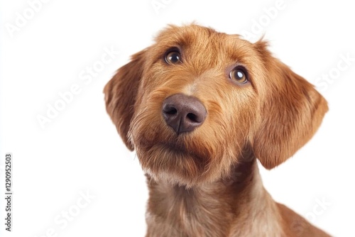 A close-up shot of a dog's face on a plain white background