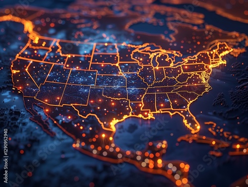 Display a map showcasing North America with beacons of light over major cities, illustrating the broadening reach and impact of 5G networks on regional communications.