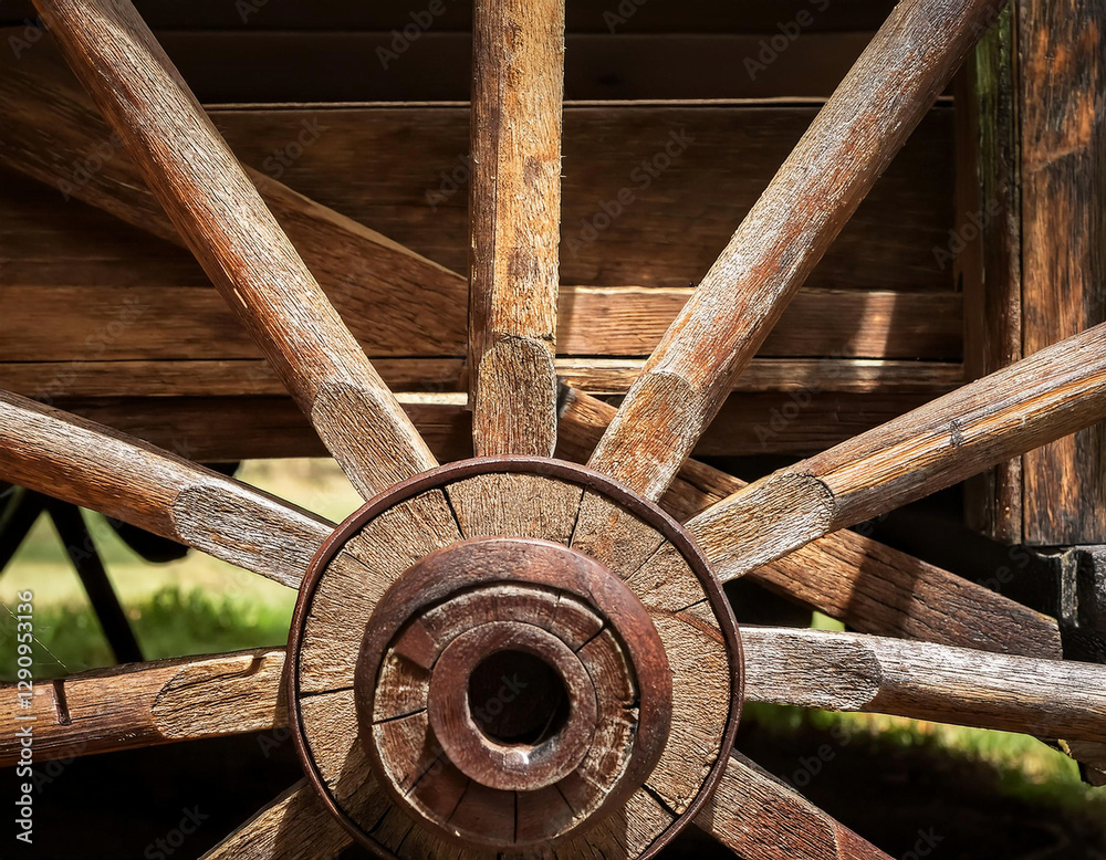 close up view of an old wooden wagon wheel rests on a grassy field, illuminated by sunlight. close up view of an old wooden wagon wheel rests on a grassy field, illuminated by sunlight.