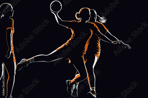 Silhouette of female handball players in action
