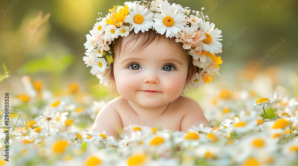 A baby girl sitting in a field of daisies A baby girl sitting in a field of daisies