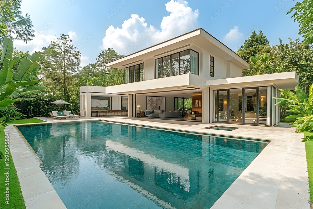 Fototapeta premium Luxury Minimalist Cubic House with Pool and Lush Surroundings