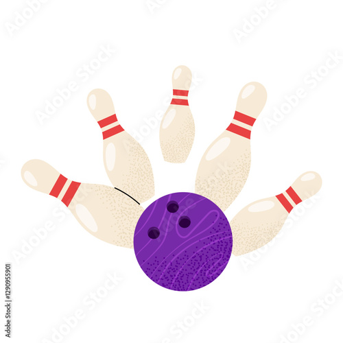 Purple bowling ball knocks down the pins. Skittles and balls on a white background. Bowling. For designs team sports and outdoor activity themes.