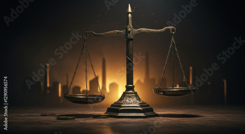 Overturned scales of justice unbalanced economy shown