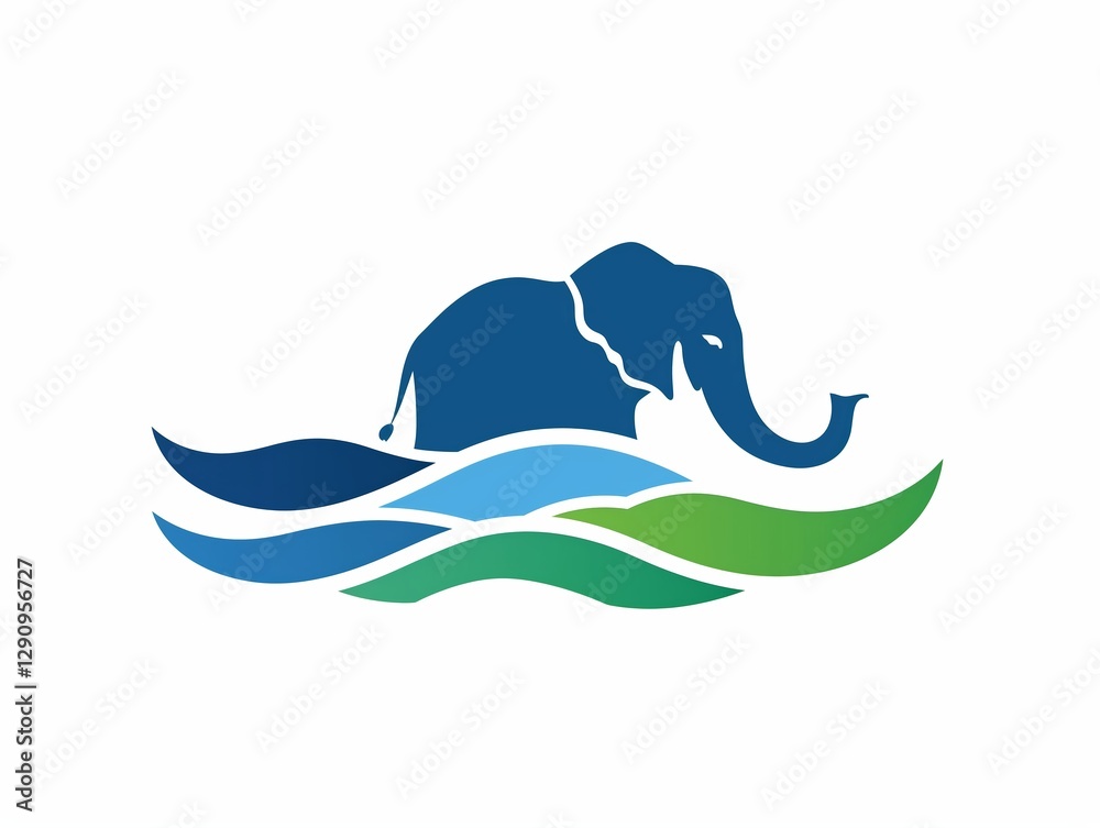 Obraz premium logo, consisting of abstract shaped style, Blue and green wave elements with an elephant trunk, simple minimal,