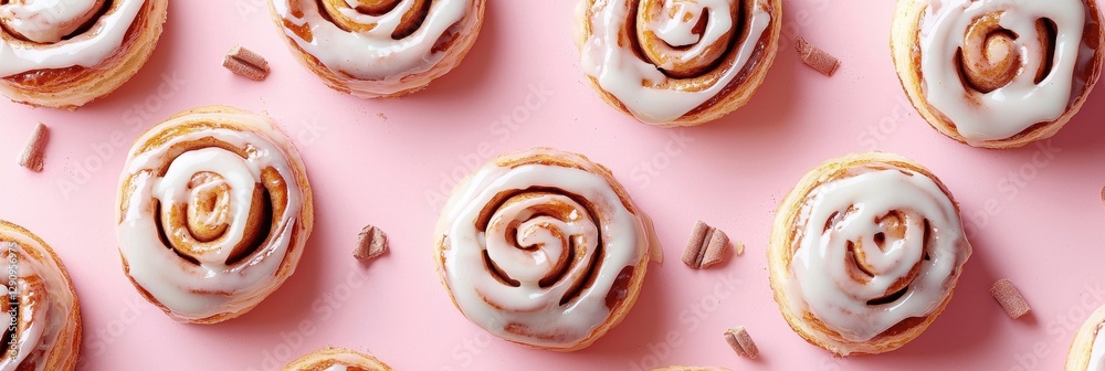 Flying cinnamon rolls with cream cheese glaze on Pastel Pink Background Flying cinnamon rolls with cream cheese glaze on Pastel Pink Background