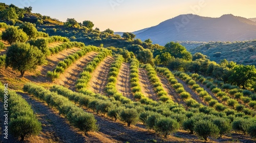 Wallpaper Mural Olive trees growing in neat rows on a hillside, soft evening light creating a serene agricultural landscape with ample copy space. Torontodigital.ca