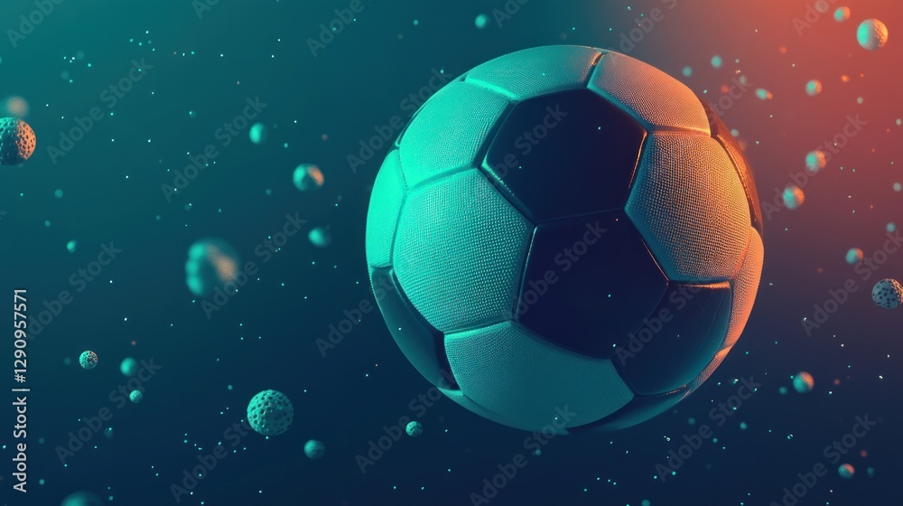 Fototapeta premium Futuristic soccer ball floats in vibrant teal and orange space dust.