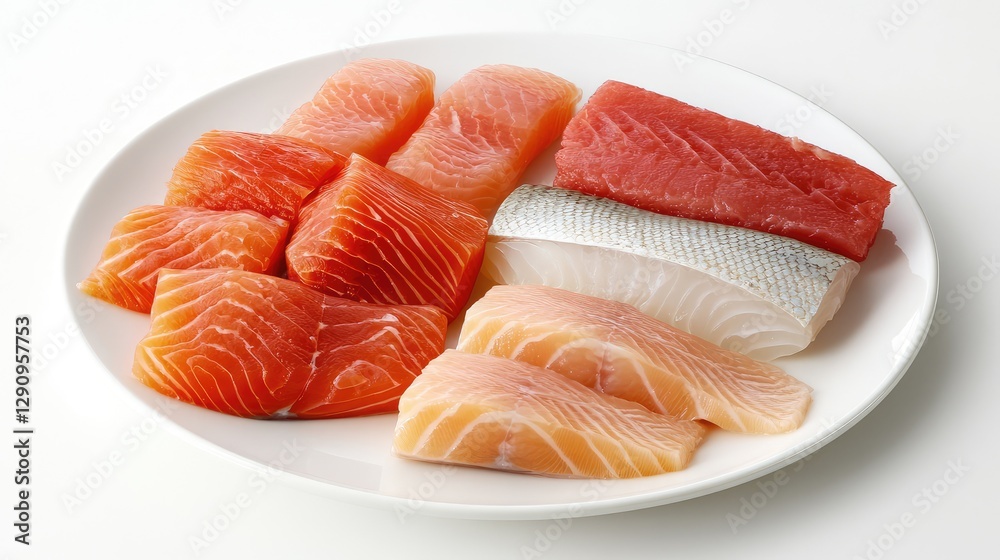 Raw fish like salmon, snapper, and cod laid out on a clean white plate, ready for cooking, leaving space for copy. Raw fish like salmon, snapper, and cod laid out on a clean white plate, ready for cooking, leaving space for copy.