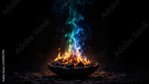 Mystical Multicolored Fire with Swirling Teal, Blue and Orange Flames Rising from Stone Bowl against Black Background