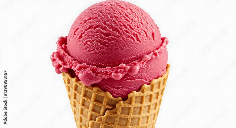 A scoop of vibrant pink raspberry sorbet in a waffle cone on a white backdrop A scoop of vibrant pink raspberry sorbet in a waffle cone on a white backdrop