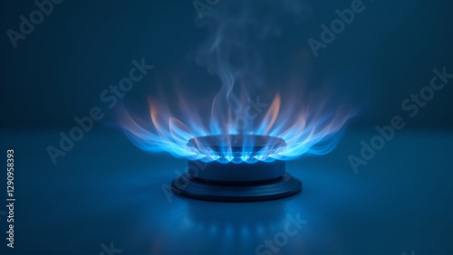 Vibrant Blue Gas Burner Flame with Swirling Orange Tendrils Against Dark Blue Background