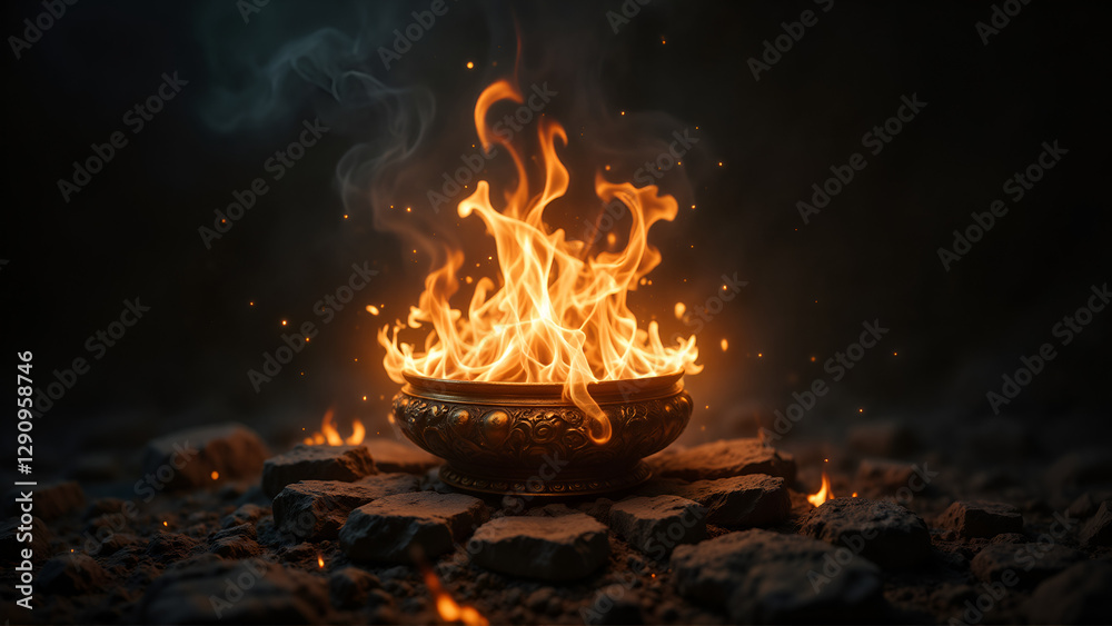 Ornate Golden Chalice with Vibrant Orange Flames Rising High with Mystical Atmosphere Against Dark Background