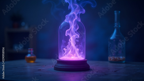 Ethereal Purple-Blue Flame Dancing Within Glass Cloche on Wooden Table with Mystical Alchemical Mood