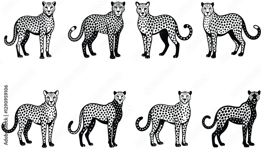 Obraz premium Snoweopard portrait in black and white. Cheetah vector set. Serval illustration in black lines