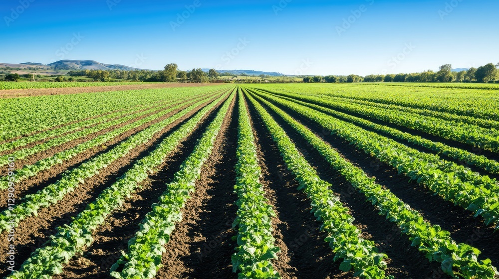 Rows of organic vegetables growing in a well-maintained field under a clear blue sky, perfect agricultural scene for copy space. Rows of organic vegetables growing in a well-maintained field under a clear blue sky, perfect agricultural scene for copy space.
