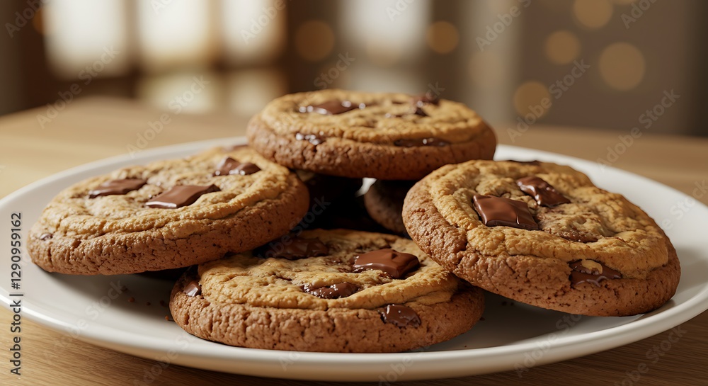 A plate of freshly baked chocolate chip cookies with melted chocolate pieces A plate of freshly baked chocolate chip cookies with melted chocolate pieces