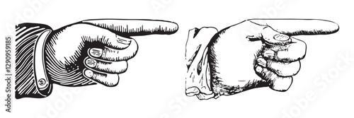 Set of engravings of pointing fingers. Hands pointing symbols.