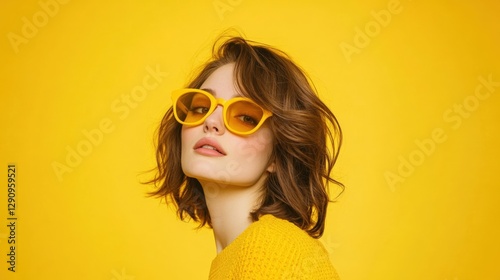 woman with yellow sunglasses against yellow backdrop.