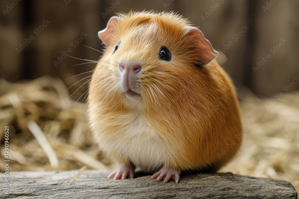 A small guinea pig is sitting on top of a log, looking around A small guinea pig is sitting on top of a log, looking around