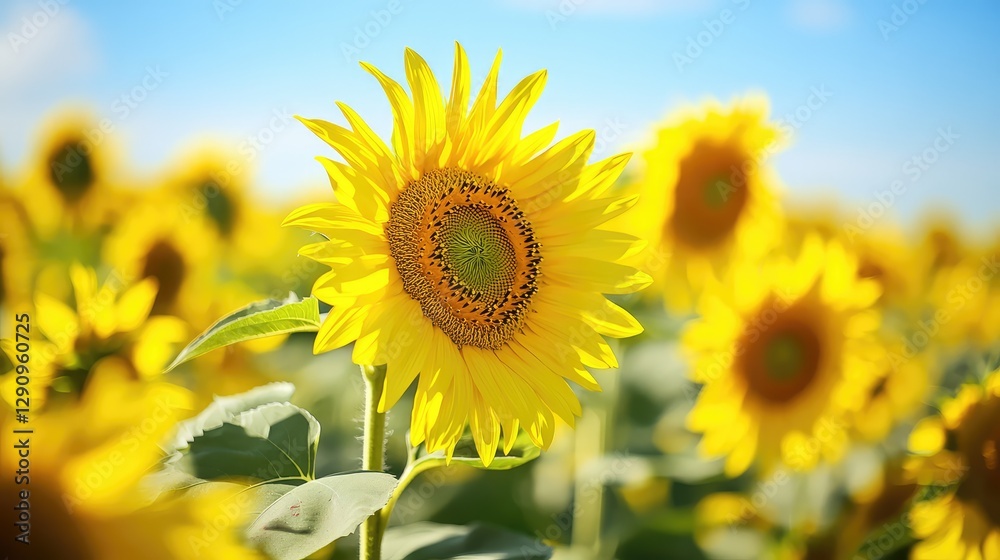 Vast sunflower field in full bloom under a bright blue sky, vibrant yellow flowers creating a cheerful background for copy space. Vast sunflower field in full bloom under a bright blue sky, vibrant yellow flowers creating a cheerful background for copy space.