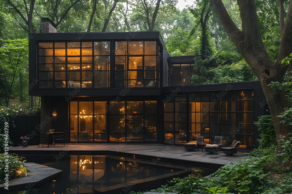 Sleek Cubic House with Large Glass Windows in Lush Forest Landscape Sleek Cubic House with Large Glass Windows in Lush Forest Landscape