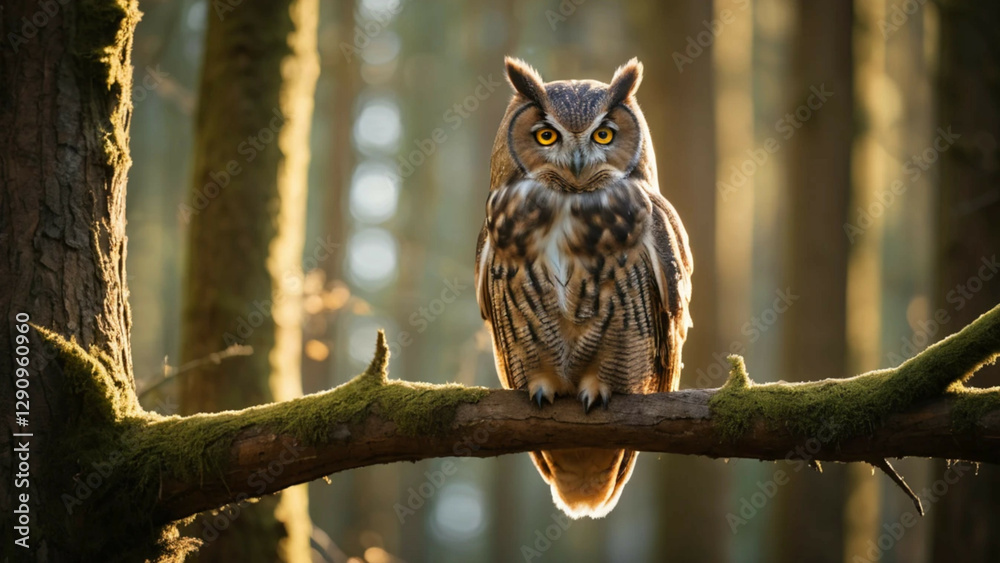 a long-eared owl sitting on a tree branch. The owl faces forward with its sharp yellow eyes looking directly at the camera
a long-eared owl sitting on a tree branch. The owl faces forward with its sharp yellow eyes looking directly at the camera
