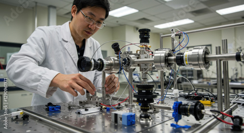 Physicist sets up apparatus complex physics experiment