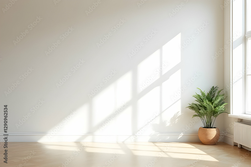 Fototapeta premium Minimalist Interior Space with Natural Light and Potted Plant Casting Shadows from Large Windows
