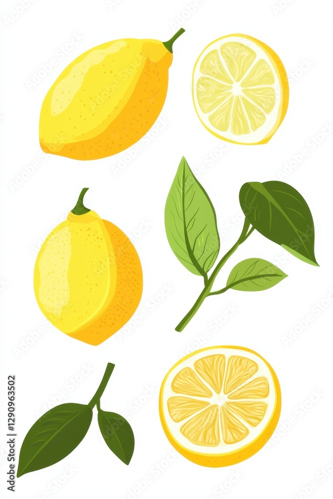 Illustration of different parts of Citrus limon with detailed elements depicting lemon fruits and leaves Illustration of different parts of Citrus limon with detailed elements depicting lemon fruits and leaves