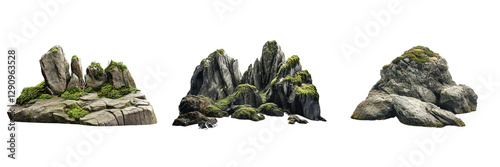 Collection of dramatic coastal scene with mossy rocks isolated on a transparent background