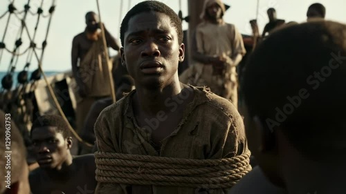  African man bound with rope in historical slavery scene, captured moment from period film depicting transatlantic slave trade, representation of historical oppression and human resilience