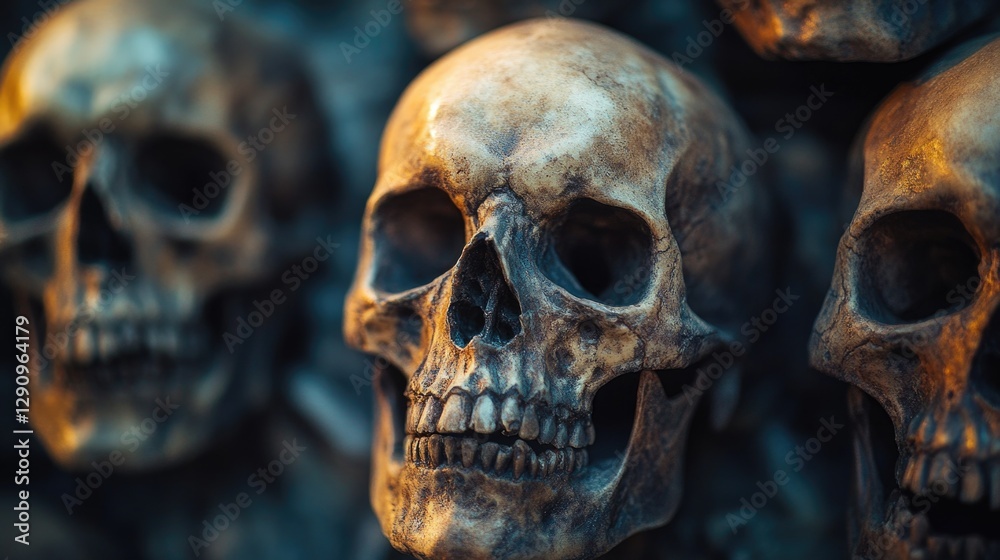 A group of human skulls sit side by side, often used as a symbol in various contexts A group of human skulls sit side by side, often used as a symbol in various contexts