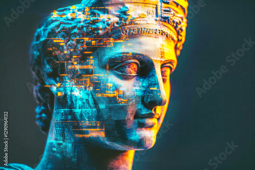 Classical marble statue with futuristic digital overlays, symbolizing the fusion of ancient wisdom and modern technology in a cybernetic age