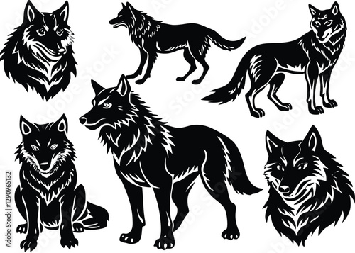 Wolf Silhouette set black Vector design, Wolf Illustration Vector animal set Design for Printing and Craft Projects.