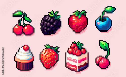 Pixel art vector illustration features cherries, blackberries, strawberries, blueberries, cupcake, cake slice, and more. Vibrant colors and retro style make it visually appealing and playful.