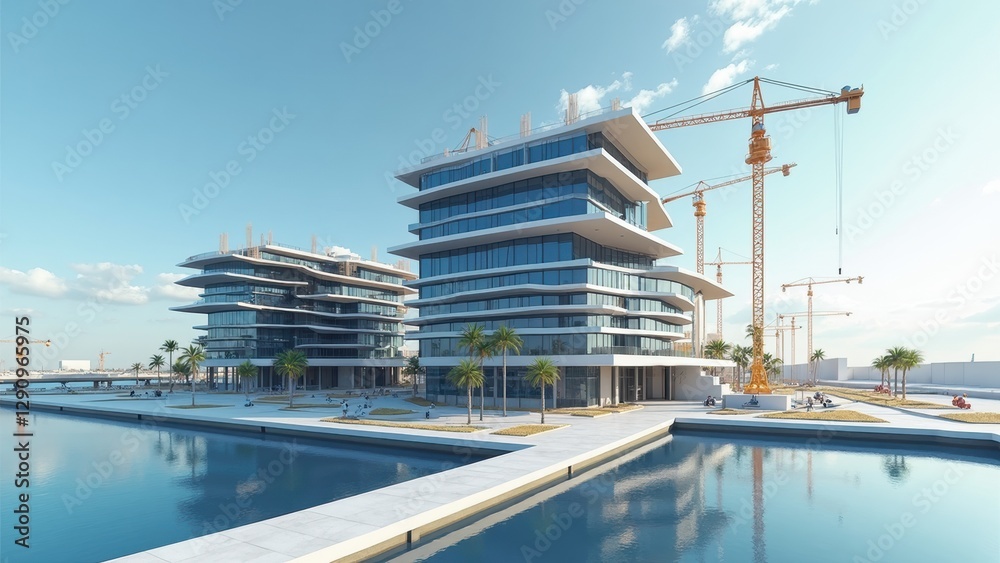 Large building with a lot of windows is being built next to a body of water Large building with a lot of windows is being built next to a body of water