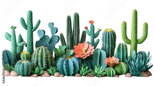 Cactus Garden Variety: A vibrant and diverse collection of various cacti and succulents, exhibiting a stunning array of shapes, sizes, colors, and textures