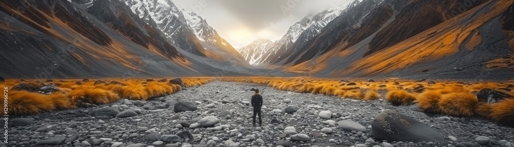 A lone figure walks through a stunning valley, surrounded by majestic mountains and vibrant autumn foliage under a dramatic sky. A lone figure walks through a stunning valley, surrounded by majestic mountains and vibrant autumn foliage under a dramatic sky.