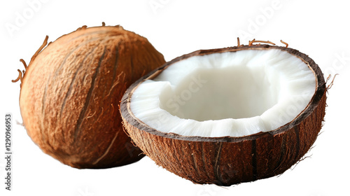Coconut Duo: One whole and one halved coconut, showcasing the tropical fruit's exterior and interior, offering a glimpse of freshness and culinary potential.