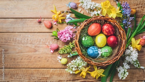 Easter basket with colorful eggs and spring flowers on wooden background, top view 