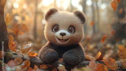 Cute panda cub autumn forest foliage digital art.
