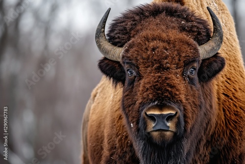 A detailed view of a bison's face, highlighting its distinctive horns