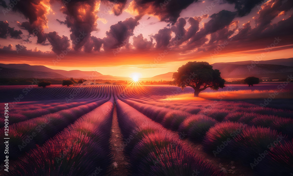 Obraz premium Reichhaltig blühendes Lavendelfeld in Frankreich im Sonnenuntergang, copy space