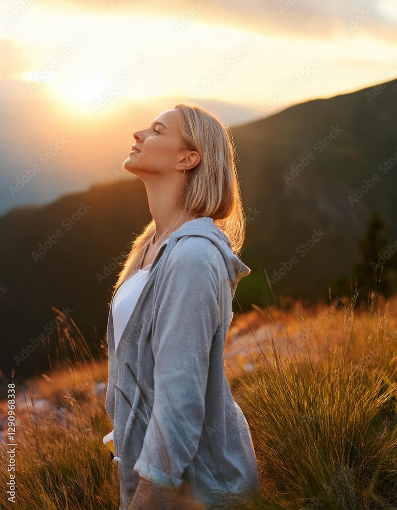 Obraz premium woman relax and breathing fresh air outdoor at sunset