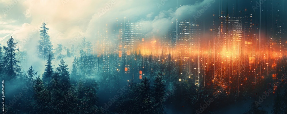 Fototapeta premium Abstract Nature Meets Technology in Digital Landscape, Generative AI